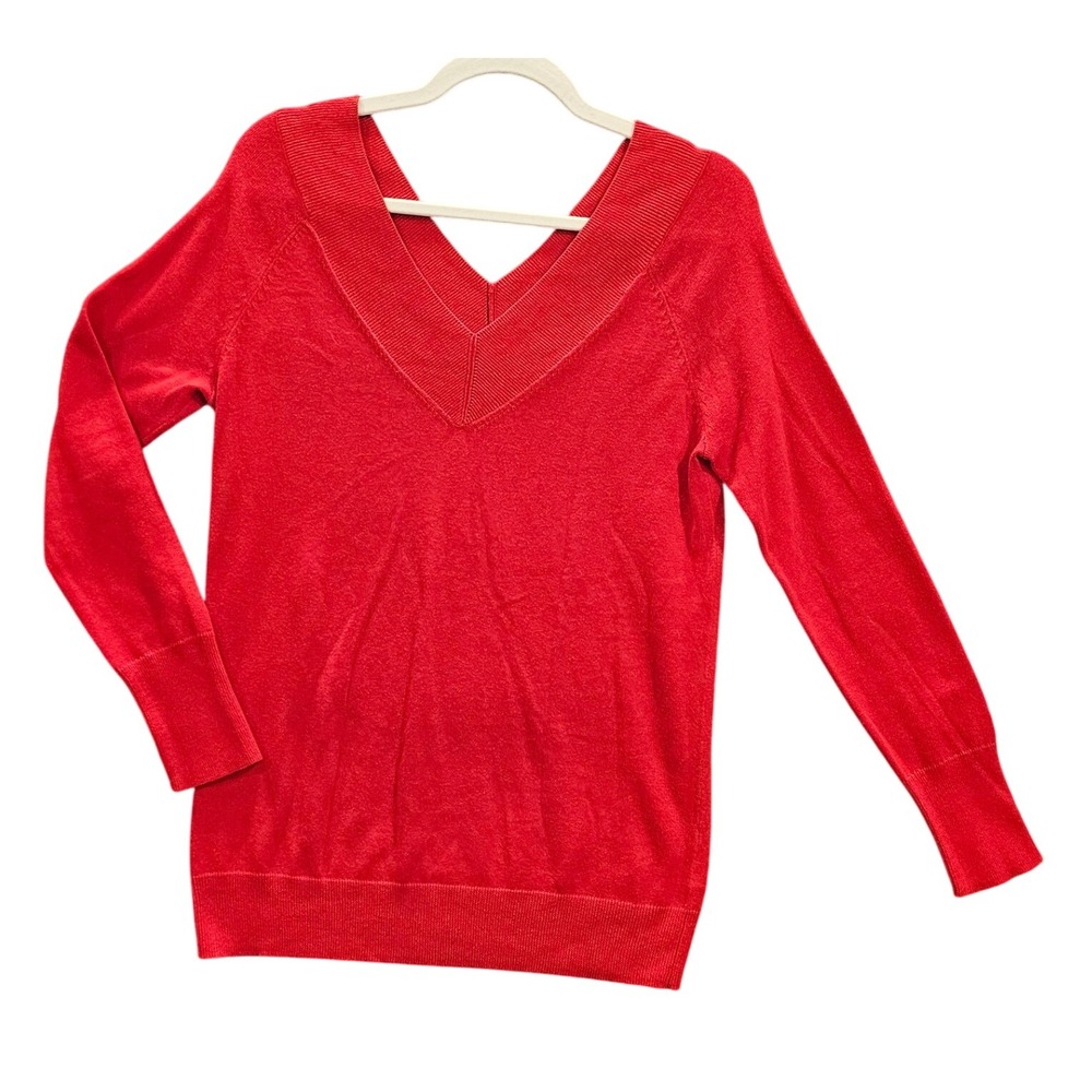 CAbi Red V Neck Preppy Lagen Sweater Sz S Long Sleeve‎ Cotton Blend Women #457